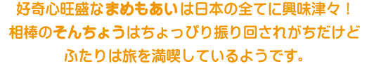 好奇心旺盛なまめもあいは日本の全てに興味津々!相棒のそんちょうはちょっぴり振り回されがちだけどふたりは旅を満喫しているようです。